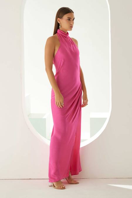 Wear Jaja Pink Modal Halter Neck Side Slit Dress Online at Aza Fashions Wear Jaja_Pink Modal Halter Neck Side Slit Dress_Online_at_Aza_Fashions