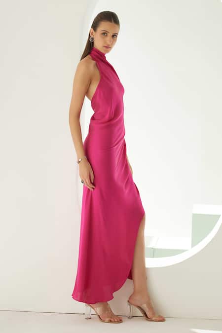 Wear Jaja_Pink Modal Halter Neck Side Slit Solid Dress_at_Aza_Fashions