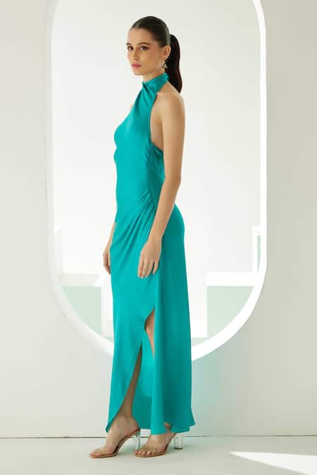 Wear Jaja_Blue Modal Halter Neck Side Slit Draped Dress _Online_at_Aza_Fashions