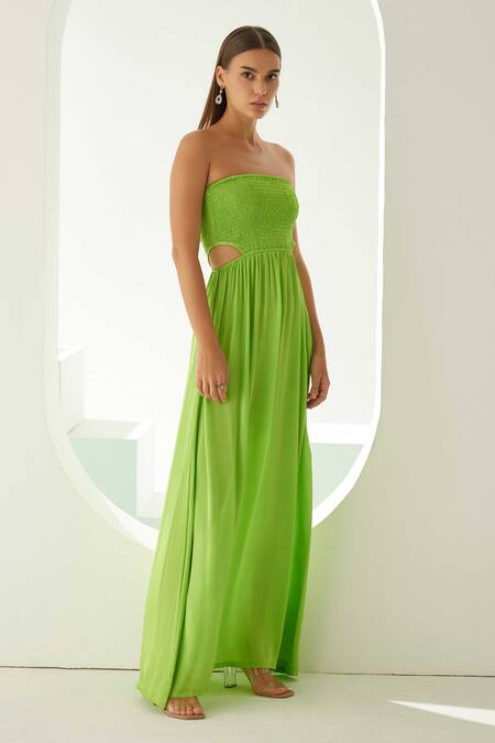 Wear Jaja_Green Modal Bandeau Neck Solid Strapless Dress_Online_at_Aza_Fashions