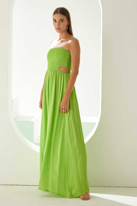 Wear Jaja_Green Modal Bandeau Neck Solid Strapless Dress_at_Aza_Fashions