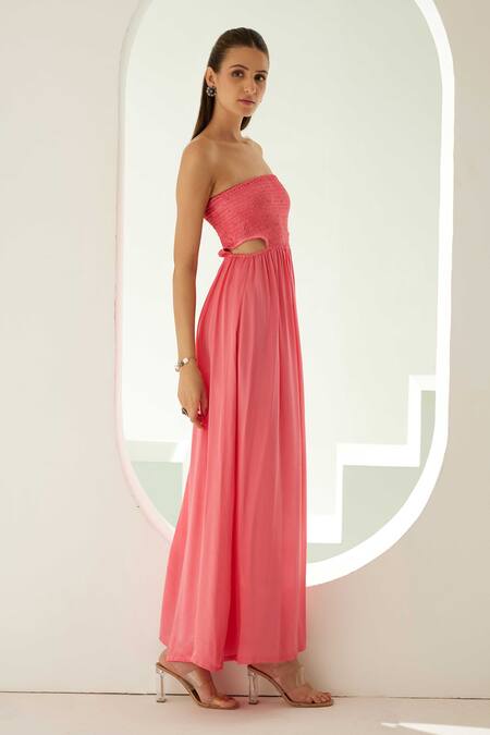 Wear Jaja_Peach Modal Bandeau Neck Strapless Solid Dress_Online_at_Aza_Fashions