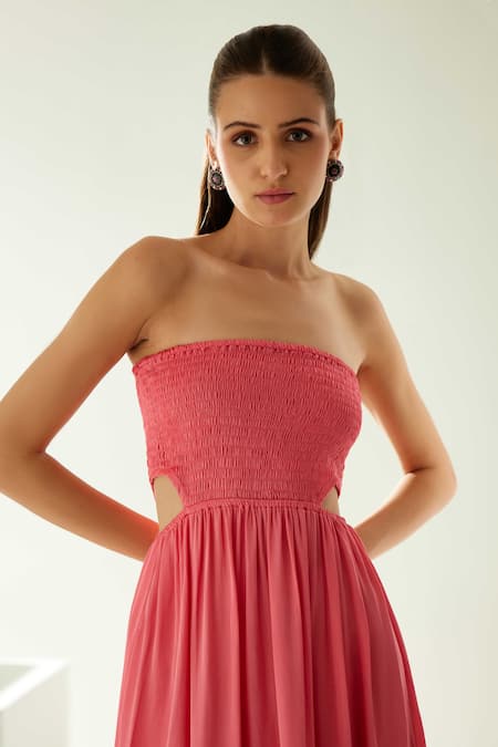Buy_Wear Jaja_Peach Modal Bandeau Neck Strapless Solid Dress_Online_at_Aza_Fashions