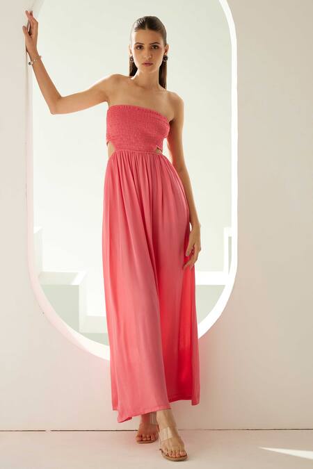 Shop_Wear Jaja_Peach Modal Bandeau Neck Strapless Solid Dress_Online_at_Aza_Fashions