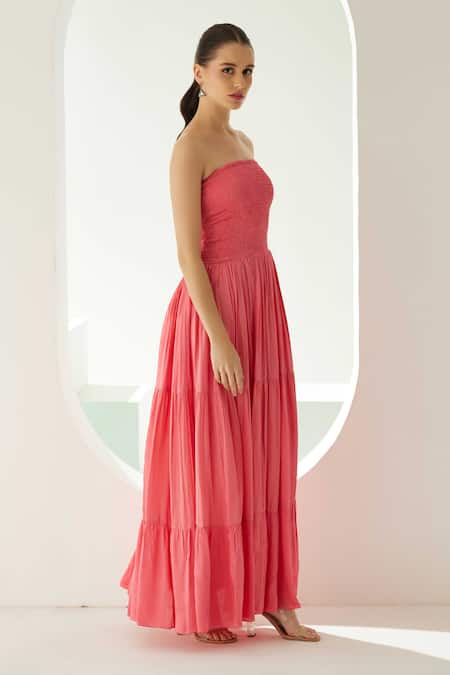 Shop_Wear Jaja_Peach Modal Bandeau Neck Smocked Strapless Dress_Online_at_Aza_Fashions