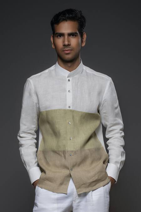 Balance By Rohit Bal_White Linen Color Block Shirt _Online_at_Aza_Fashions