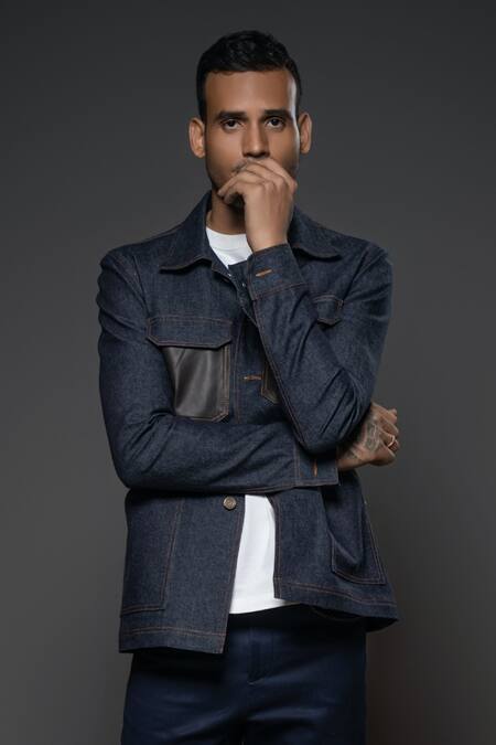 Buy Balance By Rohit Bal Blue Denim Collared Jacket Online at Aza Fashions Buy_Balance By Rohit Bal_Blue Denim Collared Jacket _Online_at_Aza_Fashions