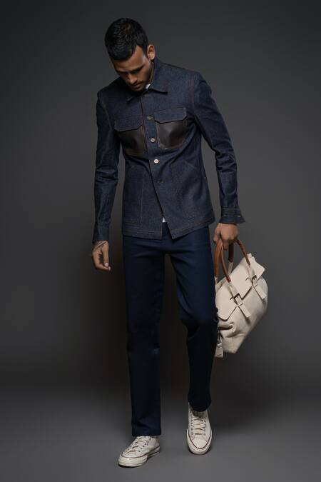 Balance By Rohit Bal Blue Denim Collared Jacket at Aza Fashions Balance By Rohit Bal_Blue Denim Collared Jacket _at_Aza_Fashions