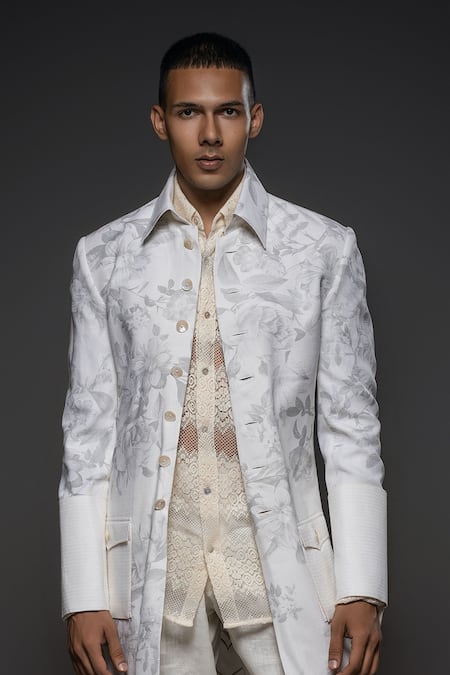 Balance By Rohit Bal White Silk Embroidery Floral Blossom Print Jacket Online at Aza Fashions Balance By Rohit Bal_White Silk Embroidery Floral Blossom Print Jacket _Online_at_Aza_Fashions