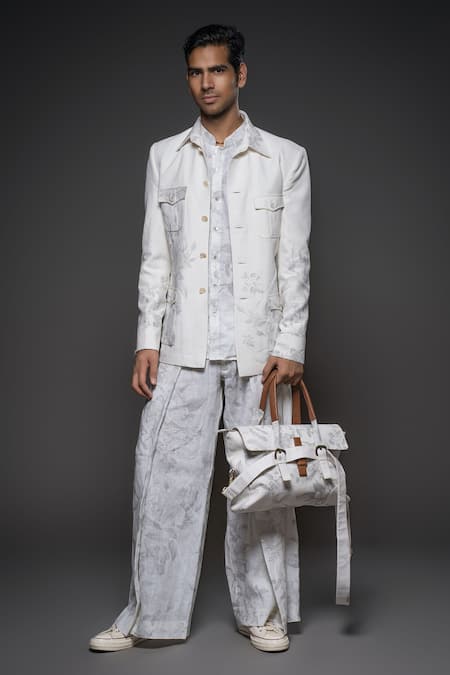 Balance by Rohit Bal White Silk Print Floral Vine Jacket 