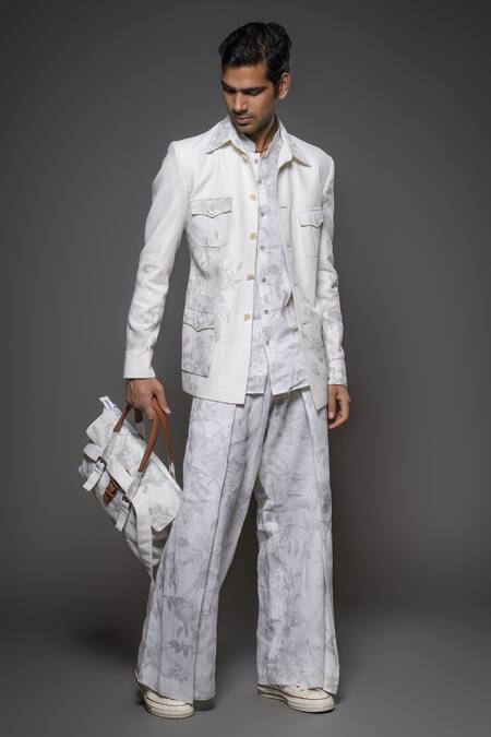 Balance By Rohit Bal White Silk Floral Vine Print Jacket Online at Aza Fashions Balance By Rohit Bal_White Silk Floral Vine Print Jacket _Online_at_Aza_Fashions