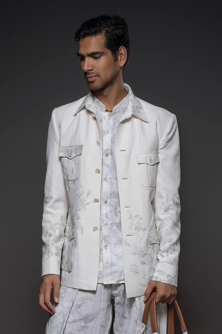 Buy Balance By Rohit Bal White Silk Floral Vine Print Jacket Online at Aza Fashions Buy_Balance By Rohit Bal_White Silk Floral Vine Print Jacket _Online_at_Aza_Fashions