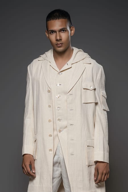 Balance by Rohit Bal_White Handloom Cotton Plain Long Jacket _Online_at_Aza_Fashions