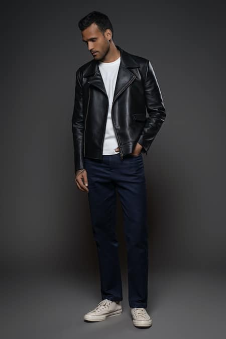 Shop Balance By Rohit Bal Black Leather Plain Jacket at Aza Fashions Shop_Balance By Rohit Bal_Black Leather Plain Jacket _at_Aza_Fashions