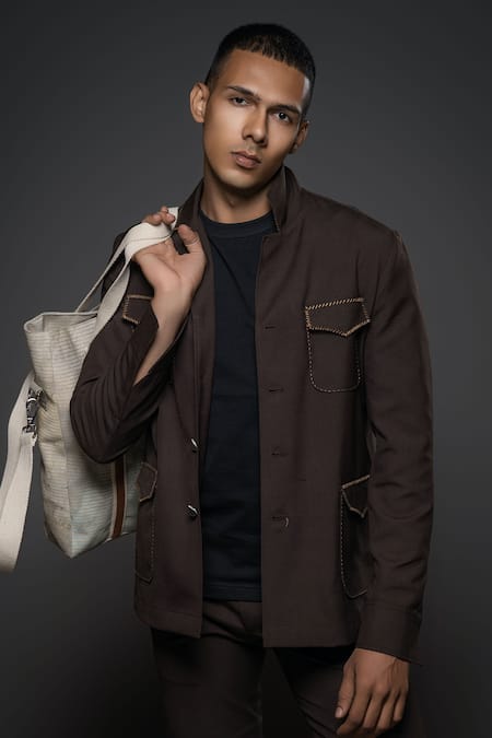 Shop Balance By Rohit Bal Brown Cotton Full Sleeve Jacket at Aza Fashions Shop_Balance By Rohit Bal_Brown Cotton Full Sleeve Jacket _at_Aza_Fashions