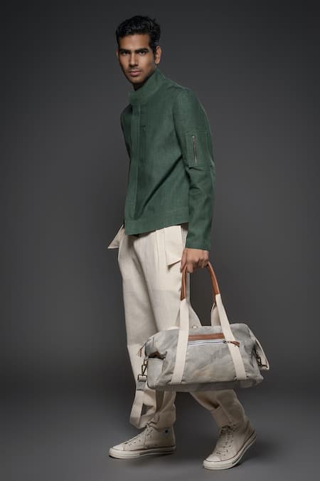 Balance By Rohit Bal_Green Linen Plain Jacket _Online_at_Aza_Fashions