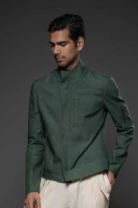 Buy_Balance By Rohit Bal_Green Linen Plain Jacket _Online_at_Aza_Fashions