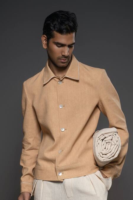 Balance By Rohit Bal_Beige Canvas Plain Jacket _Online_at_Aza_Fashions