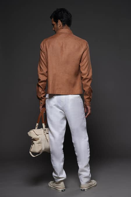 Shop Balance By Rohit Bal Brown Linen Collared Jacket at Aza Fashions Shop_Balance By Rohit Bal_Brown Linen Collared Jacket _at_Aza_Fashions