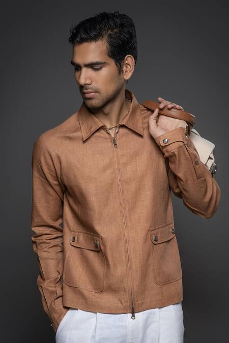 Buy Balance By Rohit Bal Brown Linen Collared Jacket Online at Aza Fashions Buy_Balance By Rohit Bal_Brown Linen Collared Jacket _Online_at_Aza_Fashions