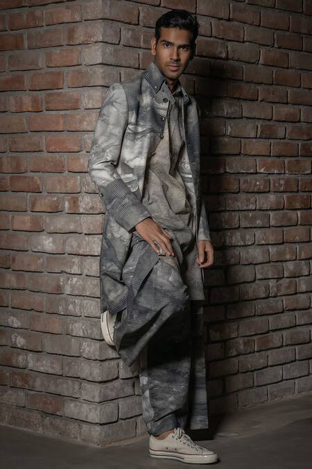 Balance By Rohit Bal_Grey Silk Abstract Print Long Jacket _Online_at_Aza_Fashions