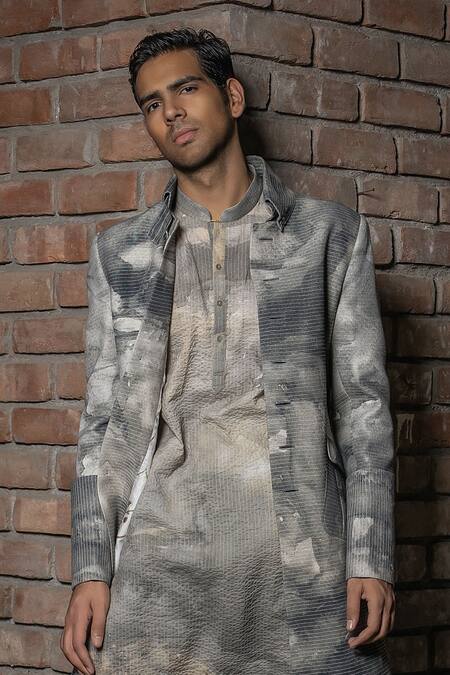 Buy_Balance By Rohit Bal_Grey Silk Abstract Print Long Jacket _Online_at_Aza_Fashions