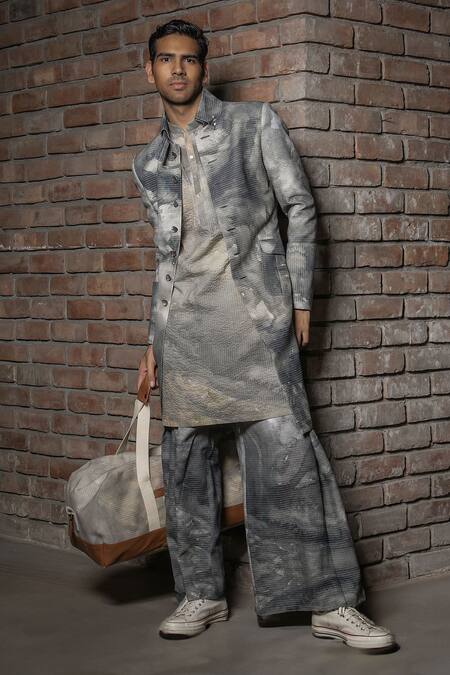 Balance By Rohit Bal_Grey Silk Abstract Print Long Jacket _at_Aza_Fashions