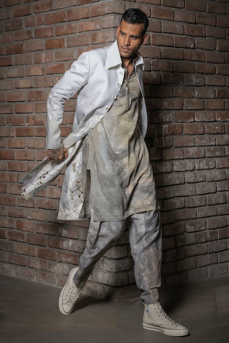 Shop_Balance By Rohit Bal_White Silk Long Jacket _at_Aza_Fashions