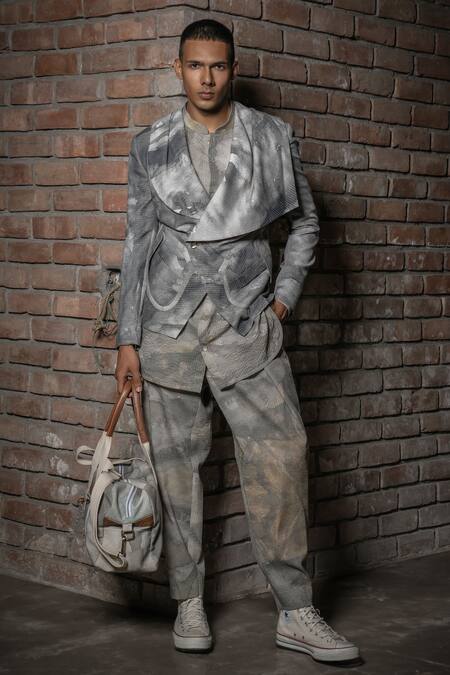 Shop Balance By Rohit Bal Gray Silk Grey Abstract Print Jacket Online at Aza Fashions Shop_Balance By Rohit Bal_Gray Silk Grey Abstract Print Jacket _Online_at_Aza_Fashions