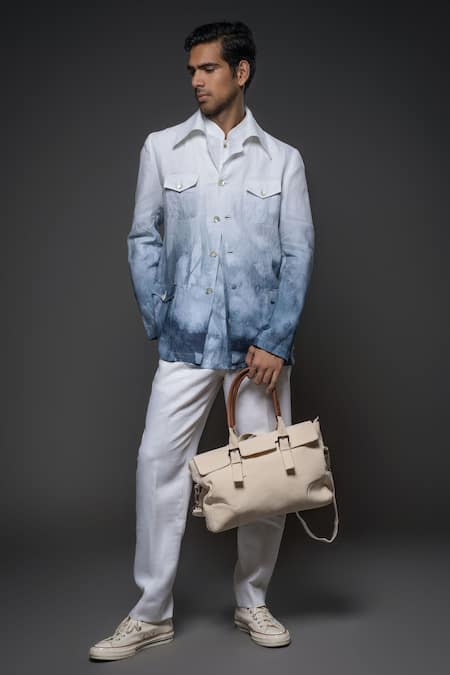 Shop_Balance By Rohit Bal_Blue Linen Ombre Jacket _at_Aza_Fashions