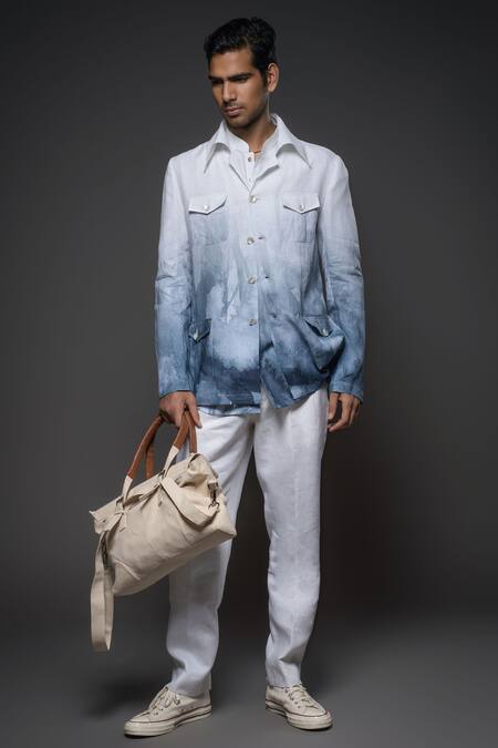 Balance By Rohit Bal_Blue Linen Ombre Jacket _Online_at_Aza_Fashions