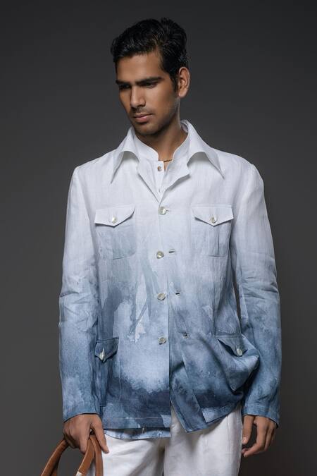 Buy_Balance By Rohit Bal_Blue Linen Ombre Jacket _Online_at_Aza_Fashions
