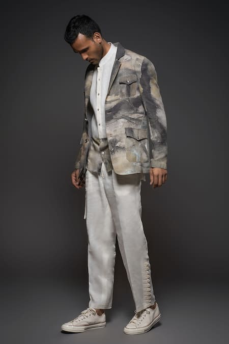 Shop_Balance By Rohit Bal_Grey Silk Abstract Print Jacket _at_Aza_Fashions
