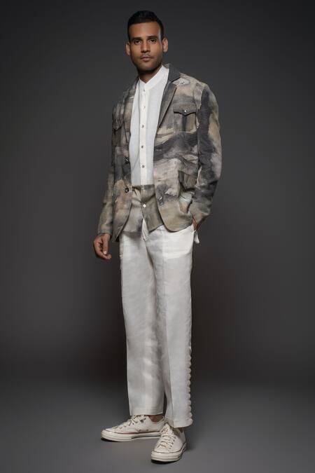 Balance By Rohit Bal_Grey Silk Abstract Print Jacket _Online_at_Aza_Fashions