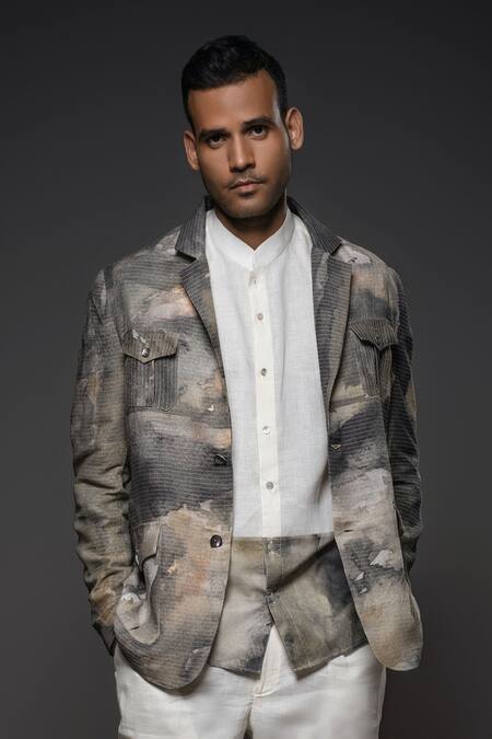 Buy_Balance By Rohit Bal_Grey Silk Abstract Print Jacket _Online_at_Aza_Fashions