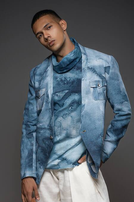 Shop Balance By Rohit Bal Blue Silk Full Sleeve Abstract Print Jacket Online at Aza Fashions Shop_Balance By Rohit Bal_Blue Silk Full Sleeve Abstract Print Jacket _Online_at_Aza_Fashions