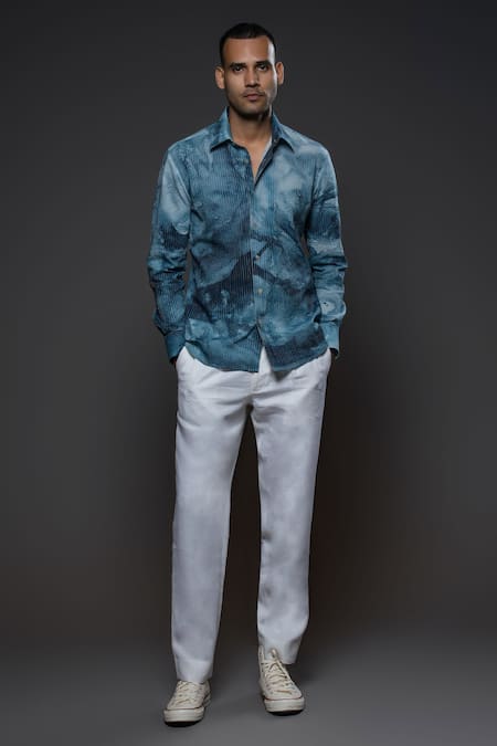 Balance By Rohit Bal Blue Voile Abstract Print Full Sleeve Shirt Online at Aza Fashions Balance By Rohit Bal_Blue Voile Abstract Print Full Sleeve Shirt _Online_at_Aza_Fashions