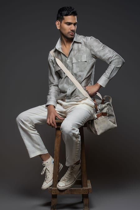 Balance By Rohit Bal Grey Chanderi Textured Shirt Online at Aza Fashions Balance By Rohit Bal_Grey Chanderi Textured Shirt _Online_at_Aza_Fashions
