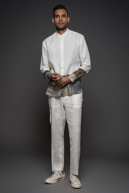 Buy_Balance By Rohit Bal_White Linen, Voile Placement Abstract Print Full Sleeve Shirt _Online_at_Aza_Fashions