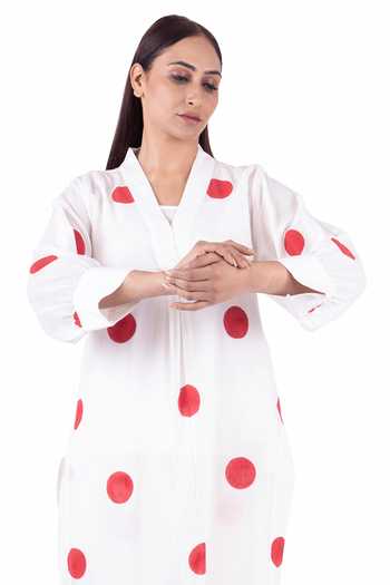 Khat_White Handloom , V-neck Polka Print Kurta And Pant Co-ord Set _Online_at_Aza_Fashions
