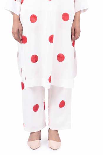 Khat_White Handloom , V-neck Polka Print Kurta And Pant Co-ord Set _at_Aza_Fashions