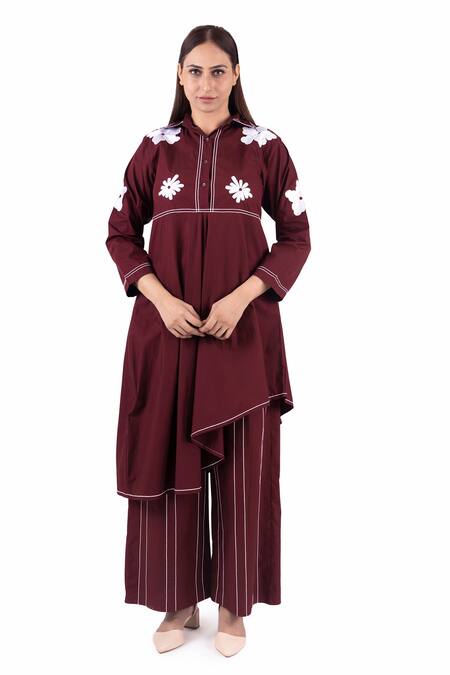 Khat Maroon Cotton Embroidery Collared Floral Asymmetric Dress Online at Aza Fashions Khat_Maroon Cotton Embroidery Collared Floral Asymmetric Dress _Online_at_Aza_Fashions