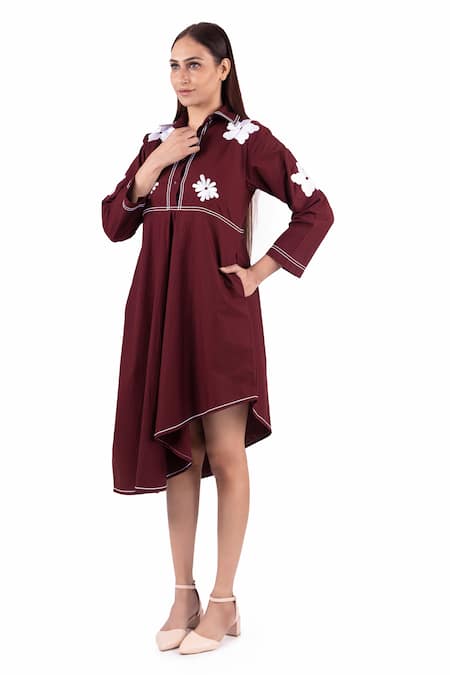 Buy Khat Maroon Cotton Embroidery Collared Floral Asymmetric Dress Online at Aza Fashions Buy_Khat_Maroon Cotton Embroidery Collared Floral Asymmetric Dress _Online_at_Aza_Fashions