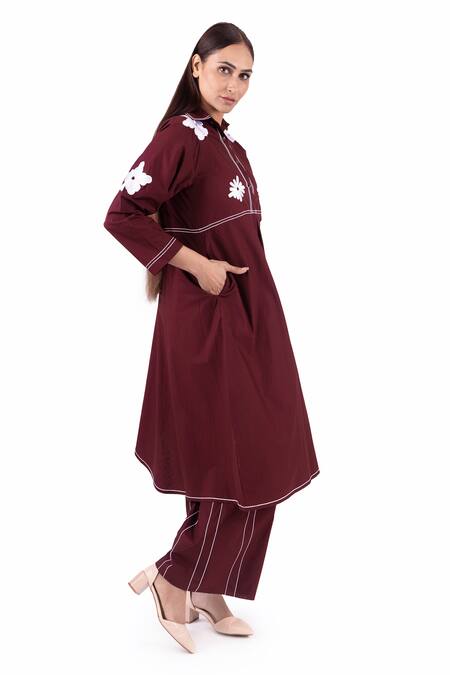 Shop Khat Maroon Cotton Embroidery Collared Floral Asymmetric Dress Online at Aza Fashions Shop_Khat_Maroon Cotton Embroidery Collared Floral Asymmetric Dress _Online_at_Aza_Fashions