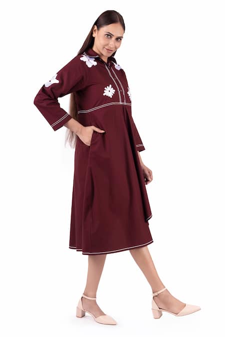 Khat Maroon Cotton Embroidery Collared Floral Asymmetric Dress at Aza Fashions Khat_Maroon Cotton Embroidery Collared Floral Asymmetric Dress _at_Aza_Fashions