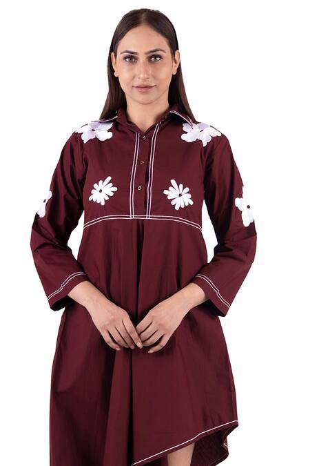 Buy Khat Maroon Cotton Embroidery Collared Floral Asymmetric Dress Buy_Khat_Maroon Cotton Embroidery Collared Floral Asymmetric Dress