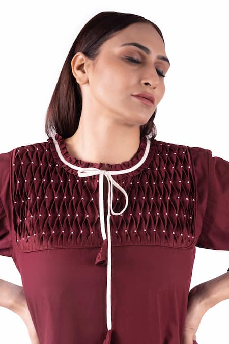 Khat_Maroon Chanderi Silk, Poplin Round Neck Geometric Smocked Yoke Dress _Online_at_Aza_Fashions