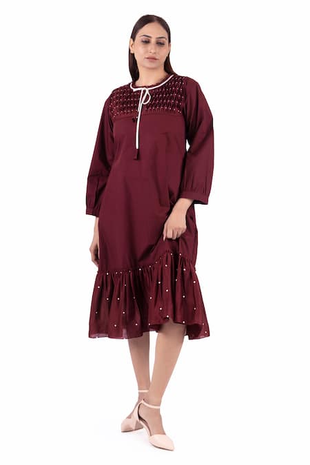 Buy_Khat_Maroon Chanderi Silk, Poplin Round Neck Geometric Smocked Yoke Dress _Online_at_Aza_Fashions