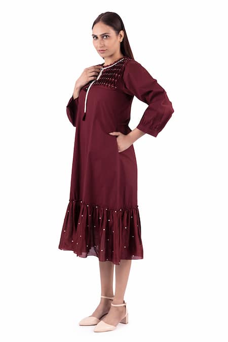 Shop_Khat_Maroon Chanderi Silk, Poplin Round Neck Geometric Smocked Yoke Dress _Online_at_Aza_Fashions