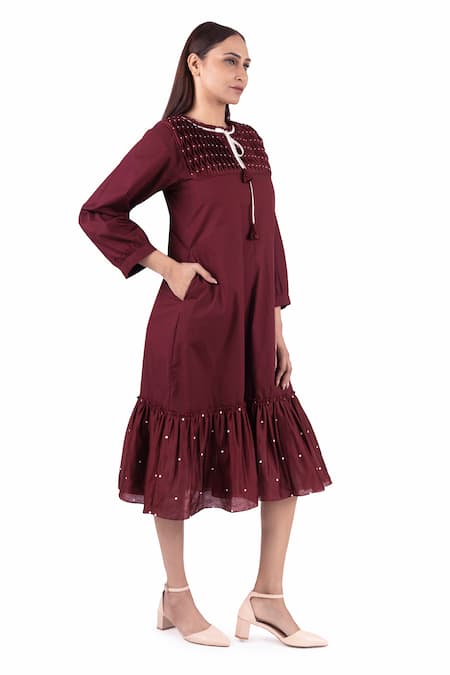 Khat_Maroon Chanderi Silk, Poplin Round Neck Geometric Smocked Yoke Dress _at_Aza_Fashions